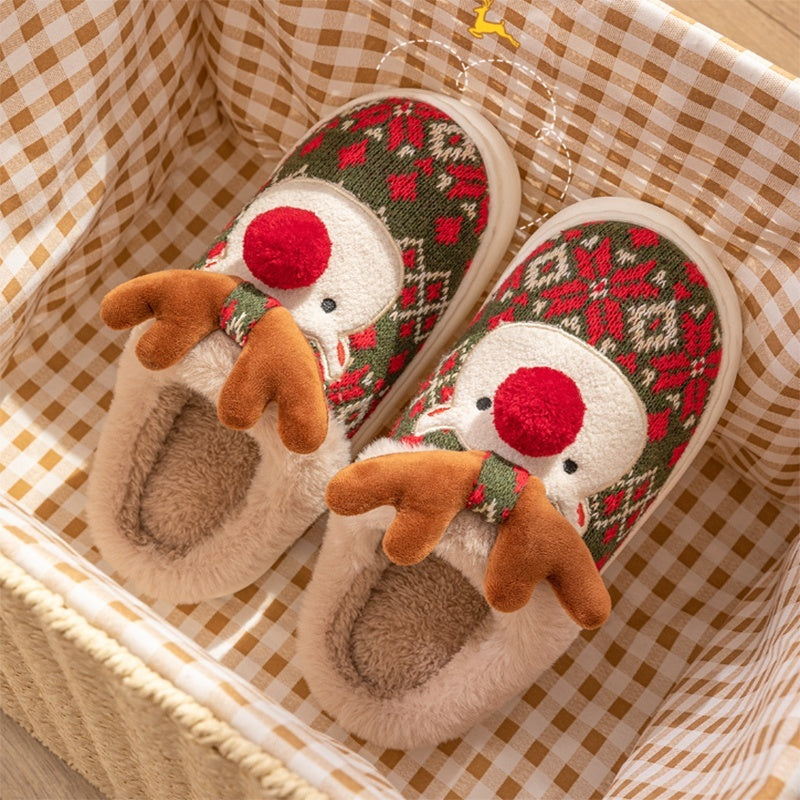 Cute Christmas Elk Plush Slippers Winter Ins Fashion Non-slip Floor Bedroom Home Slippers For Women Fuzzy House Shoes